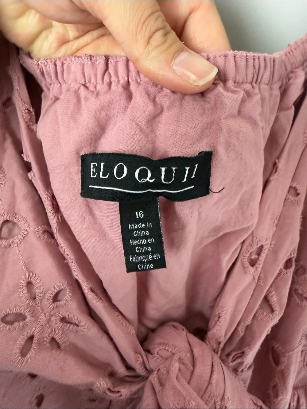 Eloquii Woman’s Eyelet Detain Tie Front Puff Sleeve Maxi Dress SZ 16 Pink Mauve - Picture 6 of 10
